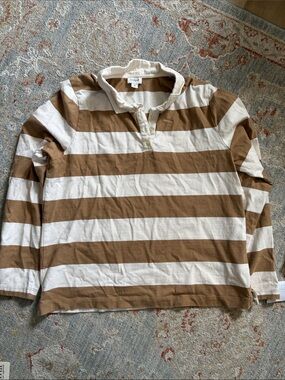 J. Crew Brown and Cream Striped Rugby Shirt M